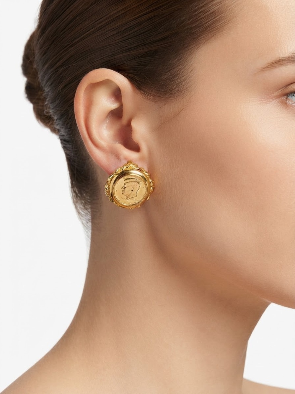 Gold Coin Medallion Button Earrings - Women Jewelry